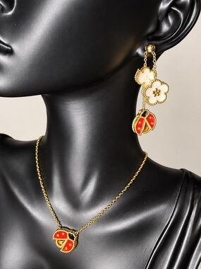 Gold-Tone Red Enamel Ladybug Pendant Necklace and Earrings Set